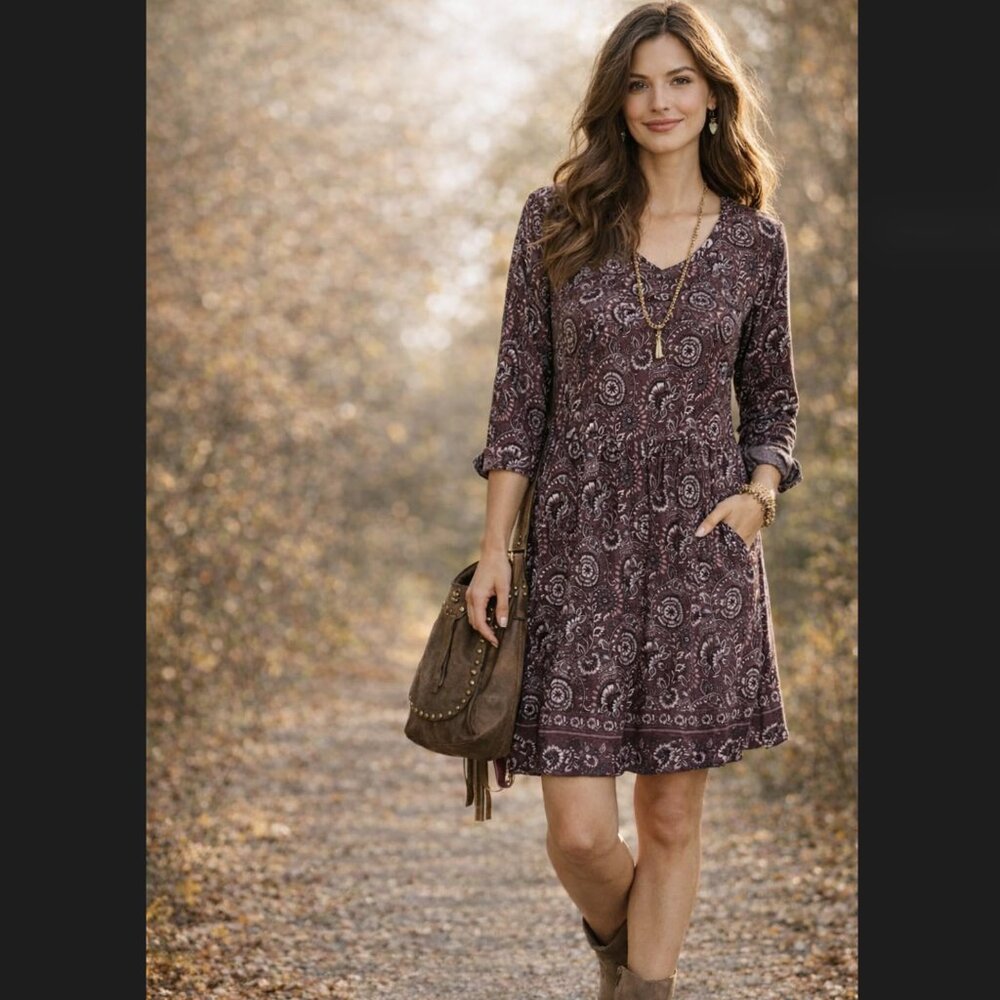 Garnet Hill Dress 6 Plum Floral Paisley Boho Peasant Pockets 3/4 Sleeve Cottage